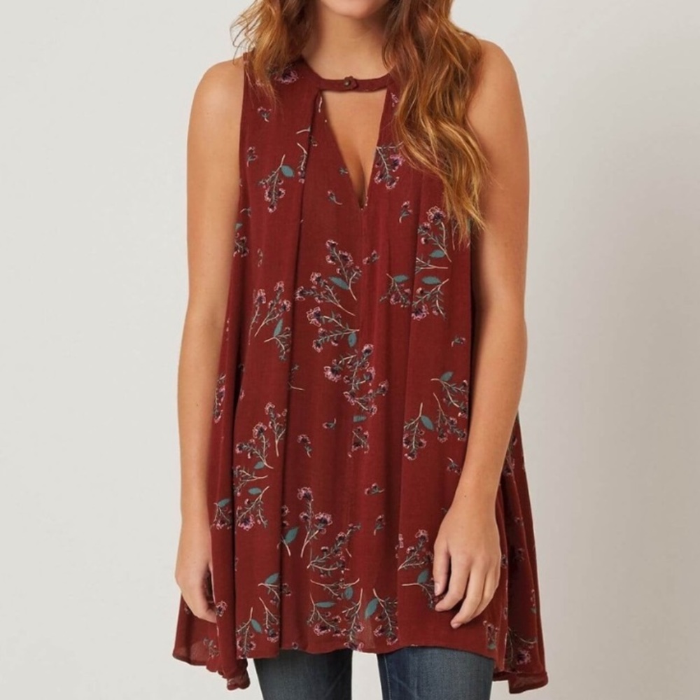Free People Rust Red Floral Sleeveless Snap Out Of It Swing Dress Tunic
